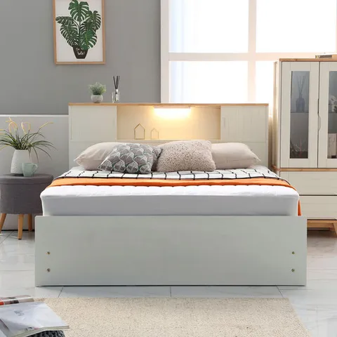 리퍼 아리아 원목 LED 조명 수납 서랍형 침대프레임 Q 화이트내추럴