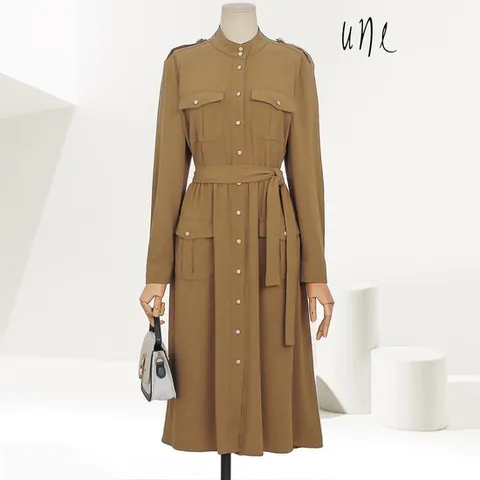 [une] [77까지][실크혼방][벨트]견장포켓실크블렌드원피스