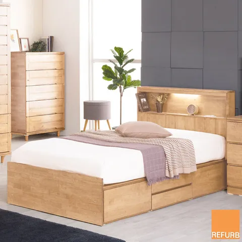 리퍼 잘나가 원목 LED 조명 수납 서랍형 침대프레임 내추럴 월넛 퀸(Q)