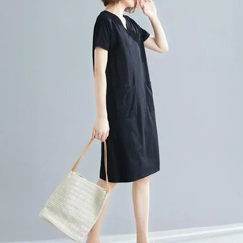 롱티 원피스 여자 여름 반팔 티셔츠 긴기장 블랙 브이넥