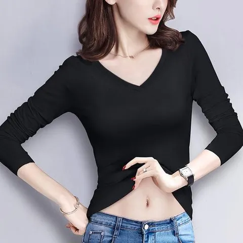 여자 가을 봄 스판 브이넥 레이어드 긴팔 티셔츠 무지티 이너티