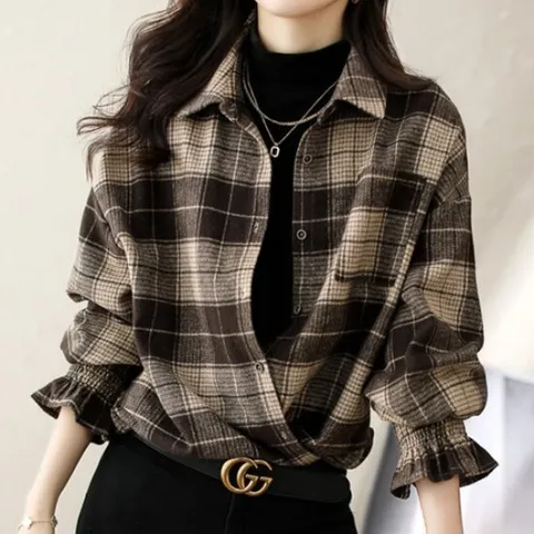 나바바 / NB1760 여성 셔링 소매 긴팔 체크 셔츠