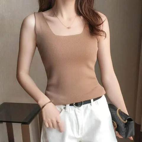 네모난 목 모양 나시 스퀘어슬리브리스 여자 여름 니트 상의