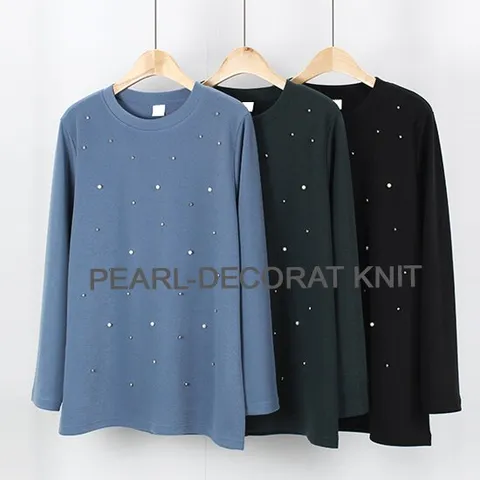 [해피통통] 빅사이즈 니트 진주 긴팔티 여성 정장 긴소매 티셔츠 여성의류