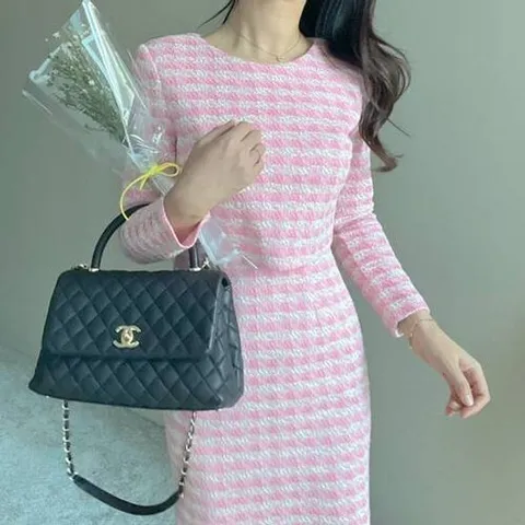 [엘린무드]비비앙 체크 볼레로 트위드  레이어드 핀턱 h라인 미디 스판 핑크 블랙 하객 연말 원피스(2col