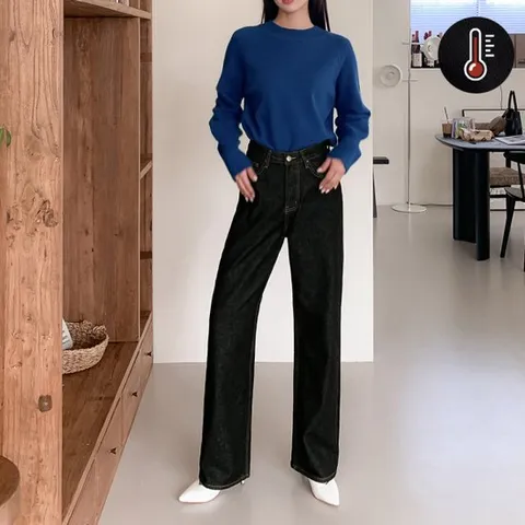 [진마니아][진마니아] 소프트 블랙 기모 난스판 와이드롱 데님