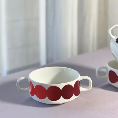 수프볼 메이드 도자기 수프 그릇 레드 손잡이 스프볼