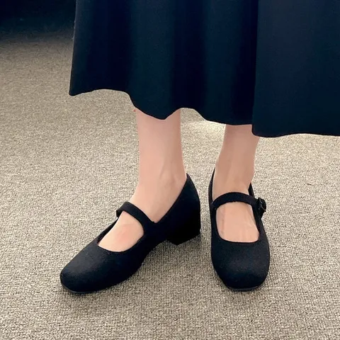 [SOVO] 발편한 스퀘어 여성 겨울 퍼 털 안감 메리제인 로퍼 3cm