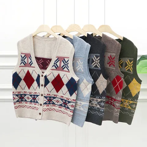 여성 울 아가일 니트 조끼 여자 겨울 눈꽃 니트 베스트