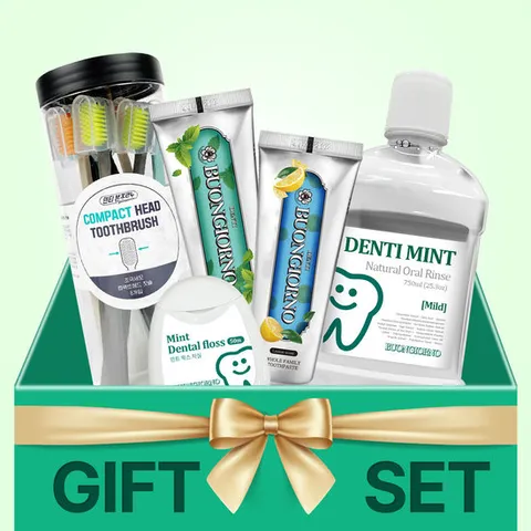 [추석선물] 덴티본조르노 실속 구강 5종 세트(구취 100g 2개+치석 100g 1개+미세모 칫솔 8개입+구강청결제 마일드 750ml 1개+왁스치실 1개)/추석 선물 추천