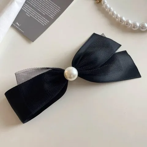 헤린 블랙 리본 포인트 진주 언발 헤어 머리핀 리본핀