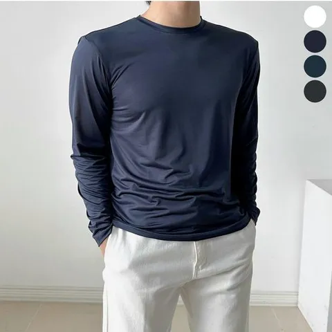 남자 깔끔한 무지 여름 긴팔 시원한 라운드넥 티셔츠