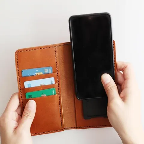 수제 가죽 슬라이드형 핸드폰지갑 투톤브라운