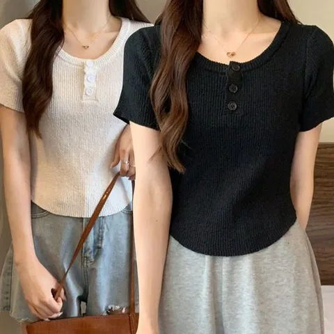 신축성 좋은 여성 여름 니트 소재 신축성 반찰 티셔츠
