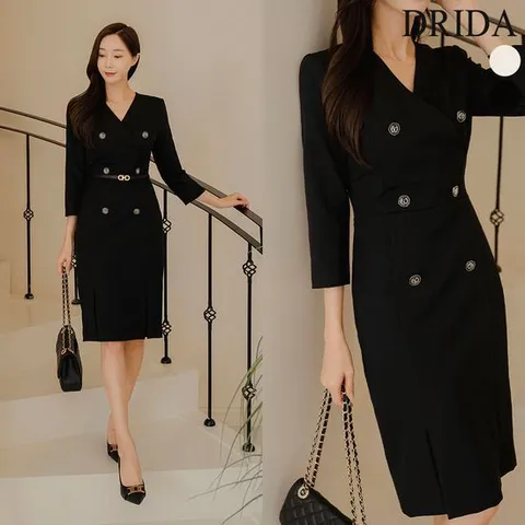 [드리다] 여성 봄 가을 브이넥 더블버튼 슬림핏 H라인 빅사이즈 정장 원피스 하객 미시 오피스룩 상견례