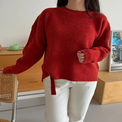 [미라클세븐][M7] 여자 포근 언발 카시미어 빨간 무지 니트