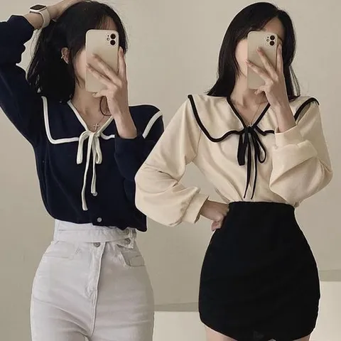 넓은 카라 라인 리본 매듭 여성스러운 예쁜 블라우스