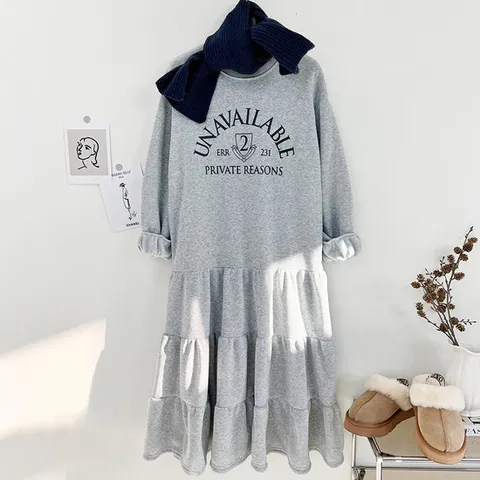 미즈큐즈 / 에이블 레터링 루즈핏 캉캉 기모 롱 원피스