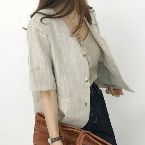 린넨반팔자켓 크롭 브이넥 노카라 여름 여성 재킷
