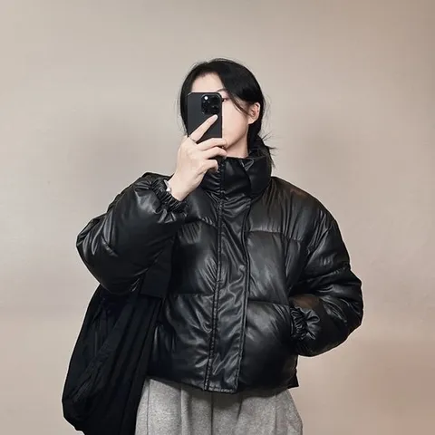 무광 레더 크롭 여성 숏 패딩 하이넥 점퍼 자켓 아우터 2color