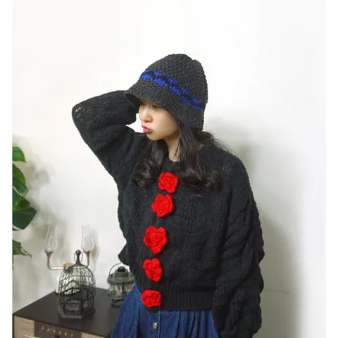 [앞머리]레드 꽃 뜨개 단추 꽈배기 짜임 숏 니트 카디건n1120