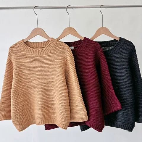 여자 7부 라운드넥 와플 레이어드 니트 티셔츠 스웨터