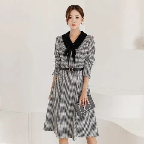 [시크라인] 우티아 리본카라넥 벨트 하운드투스 트위드 원피스