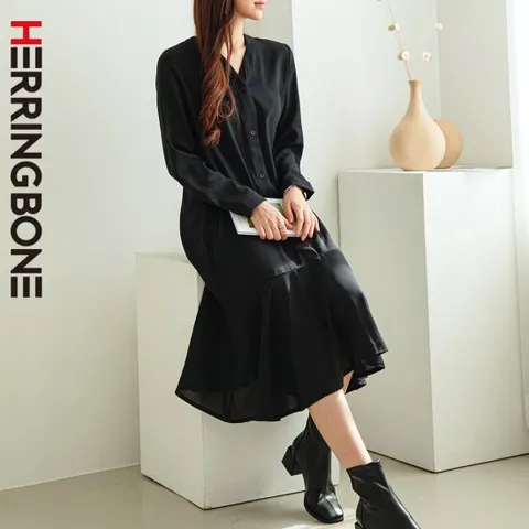 [헤링본] 여성 봄 가을 긴팔 롱 원피스 블랙 셔츠 무지 플레어 쉬폰 캐주얼 하객룩 HE048