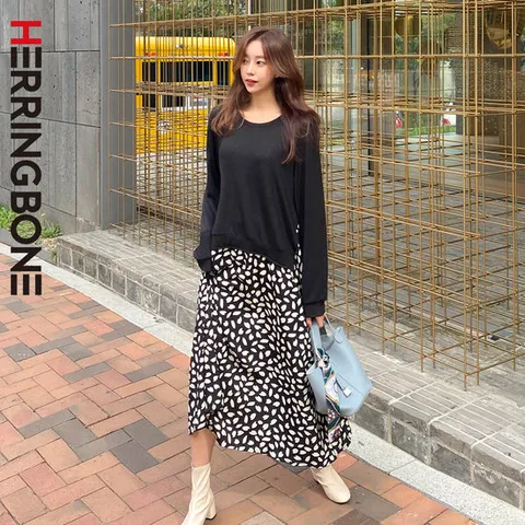 [헤링본] 여성 겨울 긴팔 롱 원피스 블랙 니트 레이어드 세트 도트 루즈핏 빅사이즈 HD023