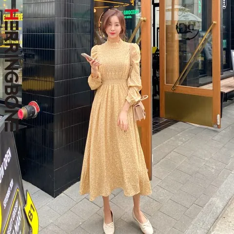 [헤링본] 여성 봄 가을 긴팔 롱 원피스 하프넥 A라인 셔링 맥시 스모크 러블리 데이트룩 HD021