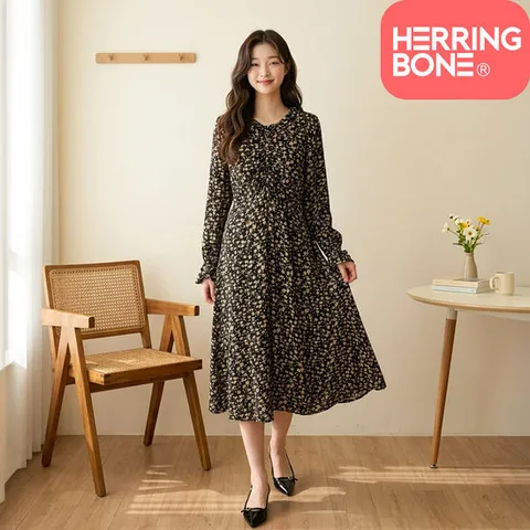 [헤링본] 여성 봄 가을 긴팔 롱 원피스 블랙 플라워 플레어 루즈핏 빅사이즈 데일리룩 HD020