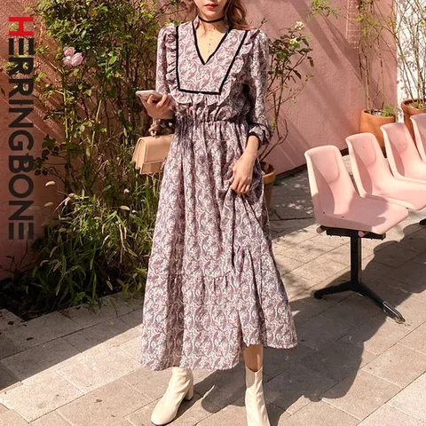 [헤링본] 여성 봄 가을 긴팔 롱 원피스 에스닉 빈티지 쉬폰 프릴 러블리 레이스 데이트룩 HD026