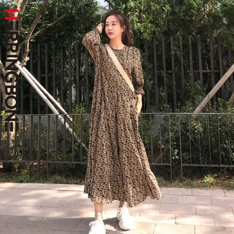 [헤링본] 여성 봄 가을 긴팔 롱 원피스 엔틱 플라워 플레어 루즈핏 빅사이즈 HD025