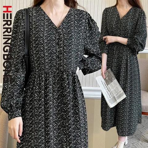 [헤링본] 봄 가을 겨울 긴팔 롱 원피스 기모 블랙 플라워 브이넥 A라인 루즈핏 데일리룩 HE095