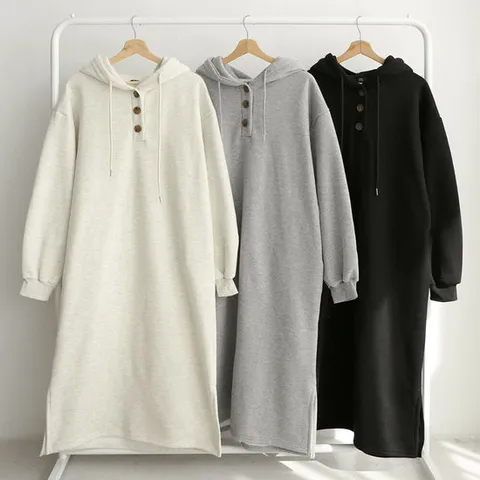 미즈큐즈 / (5588까지) 후드 단추 겨울 기모 롱 원피스 빅사이즈