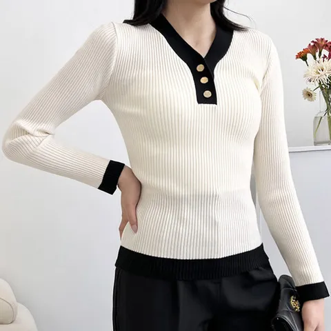 여자 아이보리 블랙 배색 금장 버튼 골지 긴팔 니트