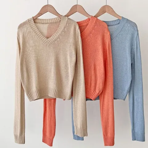 여자 브이넥 라인 여름 썸머 긴팔 데일리 니트 티셔츠