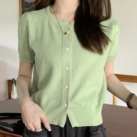 그린 크롭 반팔 니트 앞단추 오픈 클로징 여름 가디건