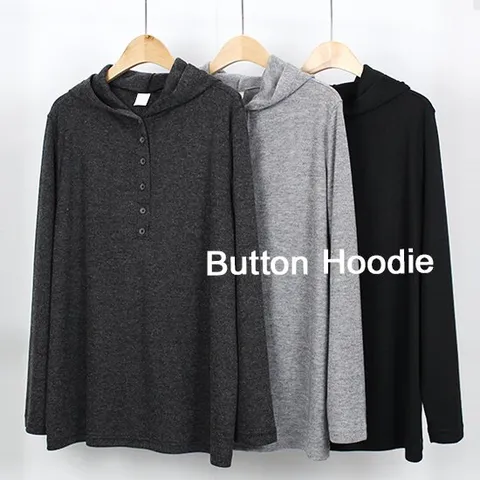 [해피통통] 빅사이즈 버튼 후드티 캐주얼한 소프트 긴팔후드티 여성의류