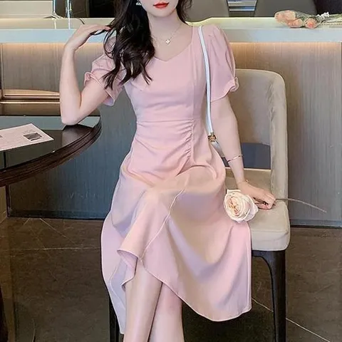 사이드 셔링 포인트 하트넥 반팔 원피스 데이트룩