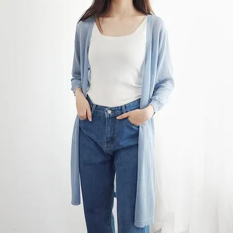 여름 여성 얇은 7부 로브가디건 롱가디건 시스루 비치로브 쿨가디건