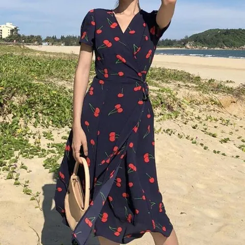 귀여운 체리 패턴 포인트 여성 여름 반팔 롱원피스
