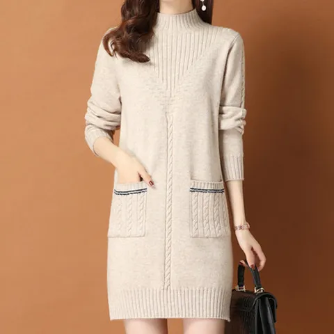 나바바 / NO677 골지 꽈배기 포켓 반폴라 니트 미니 원피스