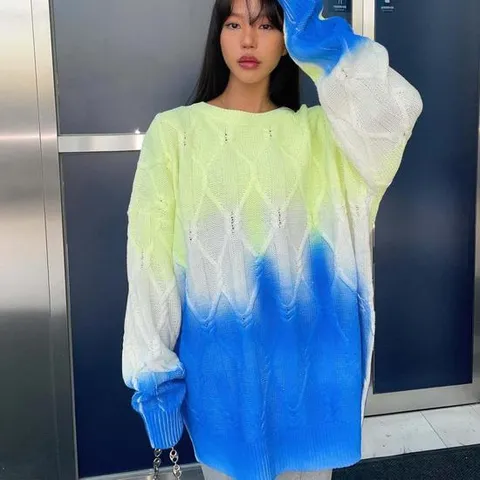 여자 그라데이션 빅사이즈 키치 네온 피셔니트 티셔츠