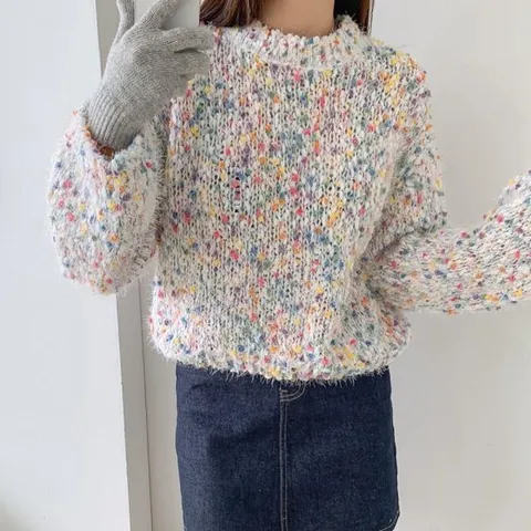 [옷자락]여자 알록달록 엠보싱 방울니트 깃털 망사 티셔츠