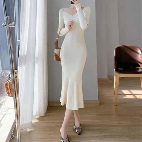 [모드제니] 골지패턴 브이넥 슬림핏 머메이드 니트 롱원피스