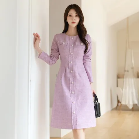 [시크라인] 아르당 진주버튼 프린지 트위드 A라인 원피스