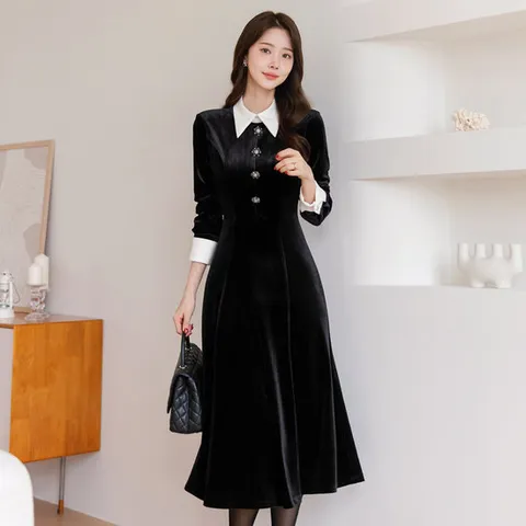 [시크라인] 셀마 쥬얼리 버튼 벨벳 플레어 원피스