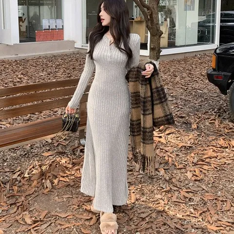 [하젤] 르반 슬림핏 골지 니트 롱원피스_W3046