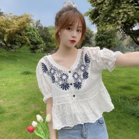 [옷자락]여자 탱크 키치룩 꽃무늬 SS 크로쉐 탑 블라우스